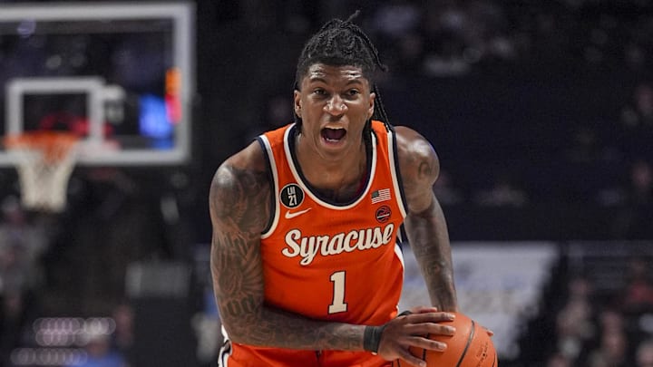 Feb 28, 2026; Winston-Salem, North Carolina, USA; Syracuse Orange forward Donnie Freeman (1) sets the play against the Wake Forest Demon Deacons during the second half at Lawrence Joel Veterans Memorial Coliseum. Mandatory Credit: Jim Dedmon-Imagn Images