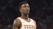 Feb 18, 2023; Austin, Texas, USA; Texas Longhorns guard Sir'Jabari Rice (10) pauses before shooting a free throw during the first half against the Oklahoma Sooners at Moody Center. Mandatory Credit: Scott Wachter-Imagn Images