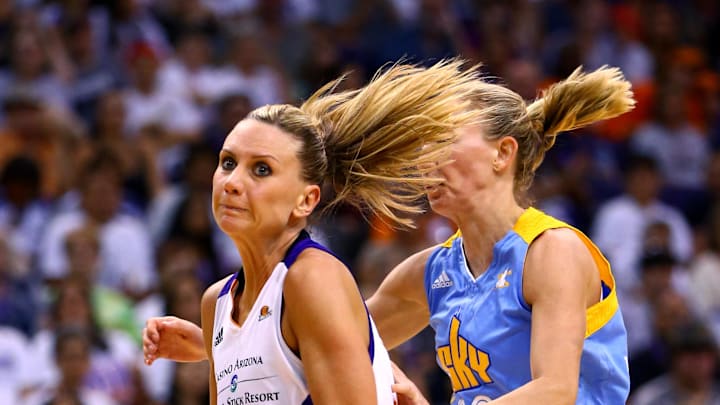 Sep 7, 2014; Phoenix, AZ, USA; Phoenix Mercury forward Penny Taylor (13) against the Chicago Sky during game one of the WNBA Finals at US Airways Center. The Mercury defeated the Sky 83-62. Mandatory Credit: Mark J. Rebilas-Imagn Images
