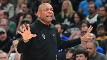 Apr 21, 2024; Milwaukee, Wisconsin, USA; Milwaukee Bucks head coach Doc Rivers reacts in the second quarter against the Indiana Pacers during game one of the first round for the 2024 NBA playoffs at Fiserv Forum. Mandatory Credit: Benny Sieu-USA TODAY Sports