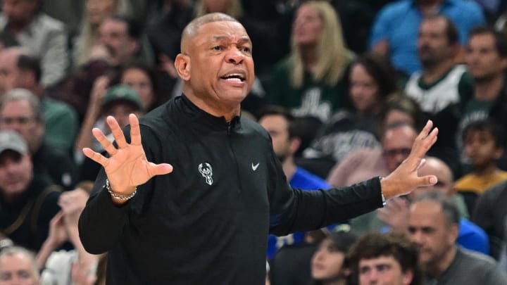 Apr 21, 2024; Milwaukee, Wisconsin, USA; Milwaukee Bucks head coach Doc Rivers reacts in the second quarter against the Indiana Pacers during game one of the first round for the 2024 NBA playoffs at Fiserv Forum. Mandatory Credit: Benny Sieu-USA TODAY Sports