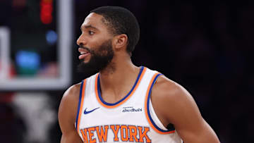 Nov 2, 2025; New York, New York, USA; New York Knicks guard Mikal Bridges (25) looks to pass during the second half against the Chicago Bulls at Madison Square Garden. Mandatory Credit: Vincent Carchietta-Imagn Images