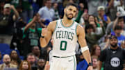 Apr 27, 2025; Orlando, Florida, USA; Boston Celtics forward Jayson Tatum (0) reacts after beating the Orlando Magic in game four of first round for the 2025 NBA Playoffs at Kia Center. Mandatory Credit: Nathan Ray Seebeck-Imagn Images
