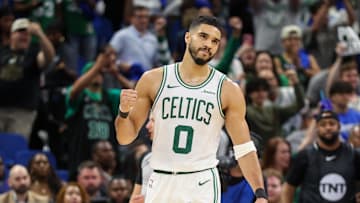 Apr 27, 2025; Orlando, Florida, USA; Boston Celtics forward Jayson Tatum (0) reacts after beating the Orlando Magic in game four of first round for the 2025 NBA Playoffs at Kia Center. Mandatory Credit: Nathan Ray Seebeck-Imagn Images
