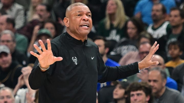 Milwaukee Bucks head coach Doc Rivers reacts in the second quarter against the Indiana Pacers during game one of the first round for the 2024 NBA playoffs at Fiserv Forum. Mandatory Credit: 