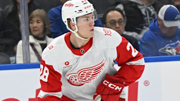 Oct 13, 2025; Toronto, Ontario, CAN; Detroit Red Wings right wing Michael Brandsegg Nygard (28) in action against theToronto Maple Leafs at Scotiabank Arena. Mandatory Credit: Gerry Angus-Imagn Images