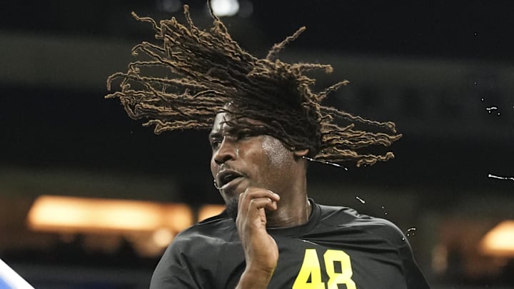 Feb 26, 2026; Indianapolis, IN, USA; UCF defensive lineman Malachi Lawrence (DL48) during the NFL Scouting Combine  at Lucas Oil Stadium. Mandatory Credit: Kirby Lee-Imagn Images