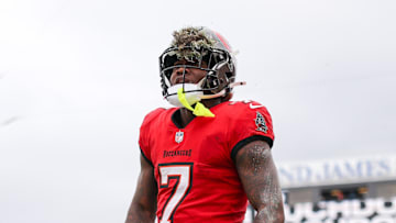 Tampa Bay Buccaneers running back Bucky Irving celebrates after scoring a touchdown against the Carolina Panthers in the second quarter at Raymond James Stadium.