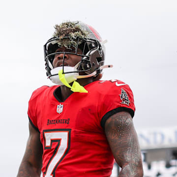 Tampa Bay Buccaneers running back Bucky Irving celebrates after scoring a touchdown against the Carolina Panthers in the second quarter at Raymond James Stadium.