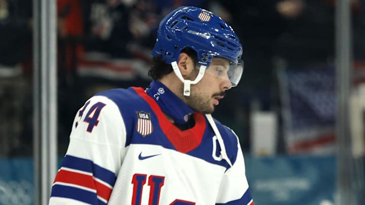 Feb 12, 2026; Milan, Italy; Auston Matthews of United States during the warm up before the match against Latvia in men's ice hockey group C play during the Milano Cortina 2026 Olympic Winter Games at Milano Santagiulia Ice Hockey Arena. Mandatory Credit: Geoff Burke-Imagn Images