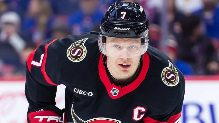 Mar 8, 2025; Ottawa, Ontario, CAN; Ottawa Senators left wing Brady Tkachuk (7) gets in position for a faceoff in the first period against the New York Rangers at the Canadian Tire Centre. Mar 8, 2025; Ottawa, Ontario, CAN; Ottawa Senators left wing Brady Tkachuk (7) gets in position for a faceoff in the first period against the New York Rangers at the Canadian Tire Centre.