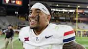 Nov 28, 2025; Tempe, Arizona, USA; Arizona Wildcats quarterback Noah Fifita (1) after defeating the Arizona State Sun Devils in the 99th Territorial Cup at Mountain America Stadium. Mandatory Credit: Mark J. Rebilas-Imagn Images