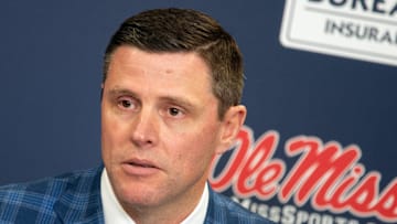 Keith Carter, University of Mississippi athletic director, answers questions from media after the introduction of Chris Beard as the new Ole Miss Basketball coach in the SJB Pavilion at Ole Miss in Oxford, Miss., Tuesday, March 14, 2023.