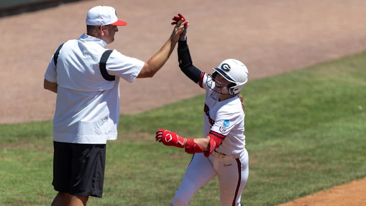 Georgia infielder Emily Digby (22) celebrates a home run against Florida during a NCAA super regionals softball game at Katie Seashole Pressly Stadium in Gainesville, FL on Saturday, May 24, 2025. [Alan Youngblood/Gainesville Sun]