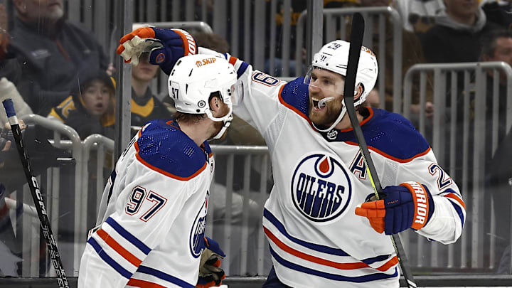 Mar 5, 2024; Boston, Massachusetts, USA; Edmonton Oilers center Leon Draisaitl (29) celebrates his game winning overtime goal with teammate center Connor McDavid (97) against the Boston Bruins at TD Garden. Mandatory Credit: Winslow Townson-Imagn Images Mar 5, 2024; Boston, Massachusetts, USA; Edmonton Oilers center Leon Draisaitl (29) celebrates his game winning overtime goal with teammate center Connor McDavid (97) against the Boston Bruins at TD Garden. Mandatory Credit: Winslow Townson-Imagn Images