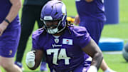 Jun 10, 2025; Minneapolis, MN, USA; Minnesota Vikings guard Donovan Jackson (74) practices during minicamp at the Minnesota Vikings Training Facility. Mandatory Credit: Matt Krohn-Imagn Images