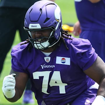 Jun 10, 2025; Minneapolis, MN, USA; Minnesota Vikings guard Donovan Jackson (74) practices during minicamp at the Minnesota Vikings Training Facility. Mandatory Credit: Matt Krohn-Imagn Images