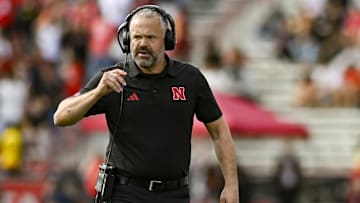 Oct 11, 2025; College Park, Maryland, USA;  Nebraska Cornhuskers head coach Matt Rhule walks on the field during the game against the Maryland Terrapins at SECU Stadium. Mandatory Credit: Tommy Gilligan-Imagn Images