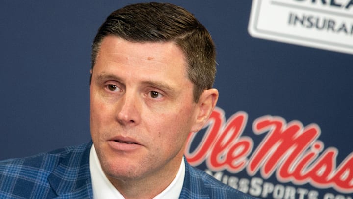 Keith Carter, University of Mississippi athletic director, answers questions from media after the introduction of Chris Beard as the new Ole Miss Basketball coach in the SBJ Pavilion at Ole Miss in Oxford, Miss., Tuesday, March 14, 2023.

Tcl Ole Miss Beard