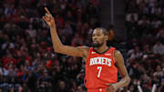 Nov 3, 2025; Houston, Texas, USA;Houston Rockets forward Kevin Durant (7) reacts to a basket against the Dallas Mavericks in the second quarter at Toyota Center. Mandatory Credit: Thomas Shea-Imagn Images