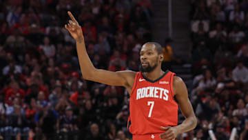 Nov 3, 2025; Houston, Texas, USA;Houston Rockets forward Kevin Durant (7) reacts to a basket against the Dallas Mavericks in the second quarter at Toyota Center. Mandatory Credit: Thomas Shea-Imagn Images