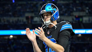 Detroit Lions quarterback Jared Goff applauds for teammates during warm up before the game between Detroit Lions and Buffalo Bills at Ford Field in Detroit on Sunday, Dec. 15, 2024.