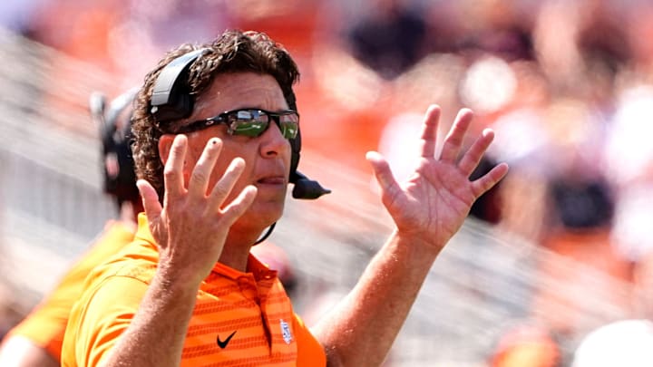 Oklahoma State head coach Mike Gundy reacts to a call second half of the college football game between the Oklahoma State Cowboys and the Arkansas Razorbacks at Boone Pickens Stadium in Stillwater, Okla.,, Saturday, Sept., 7, 2024.