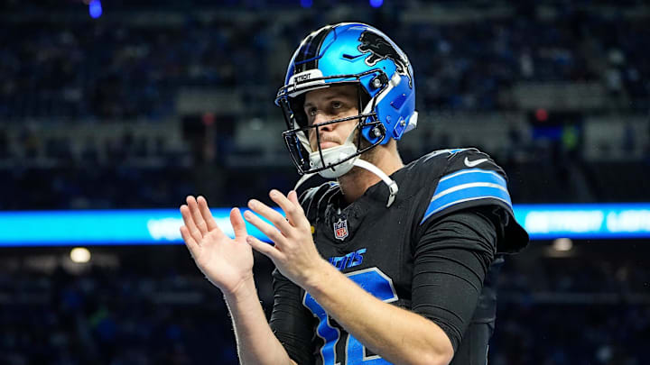 Detroit Lions quarterback Jared Goff applauds for teammates during warm up before the game between Detroit Lions and Buffalo Bills at Ford Field in Detroit on Sunday, Dec. 15, 2024. Detroit Lions quarterback Jared Goff applauds for teammates during warm up before the game between Detroit Lions and Buffalo Bills at Ford Field in Detroit on Sunday, Dec. 15, 2024.