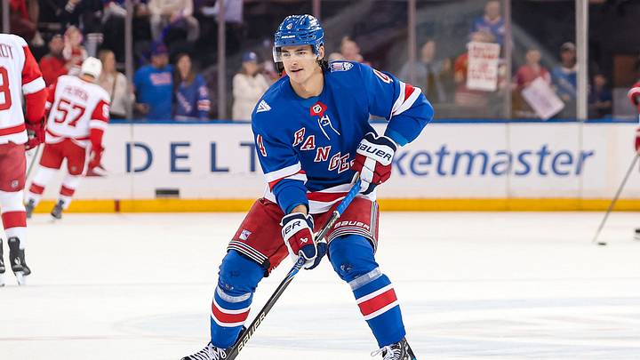 Apr 4, 2026; New York, New York, USA; New York Rangers defenseman Braden Schneider (4) warms up before the first period against the Detroit Red Wings at Madison Square Garden. Mandatory Credit: Danny Wild-Imagn Images