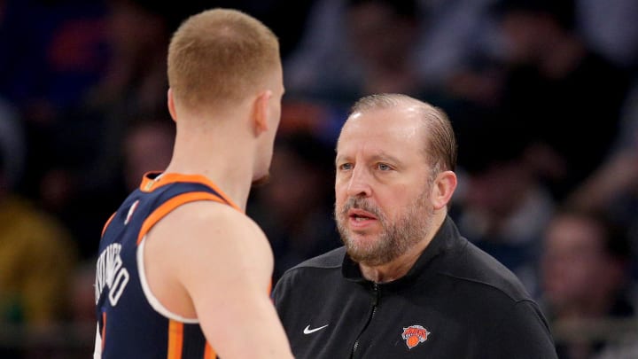 Jan 25, 2024; New York, New York, USA; New York Knicks head coach Tom Thibodeau talks to guard Donte DiVincenzo (0) during the first quarter against the Denver Nuggets at Madison Square Garden. Mandatory Credit: Brad Penner-USA TODAY Sports