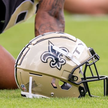 Jun 10, 2025; New Orleans, LA, USA; Detailed view of the Saints helmet during minicamp at Ochsner Sports Performance Center. Mandatory Credit: Stephen Lew-Imagn Images