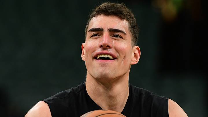 Apr 19, 2026; Boston, Massachusetts, USA; Boston Celtics center Luka Garza (52) shoots the ball during warmups prior to game one of the first round of the 2026 NBA Playoffs against the Philadelphia 76ers at TD Garden. Mandatory Credit: Bob DeChiara-Imagn Images