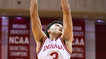 Jan 14, 2025; Bloomington, Indiana, USA; Indiana Hoosiers guard Anthony Leal (3) rebounds the ball during the second half against the Illinois Fighting Illini at Simon Skjodt Assembly Hall. Mandatory Credit: Robert Goddin-Imagn Images