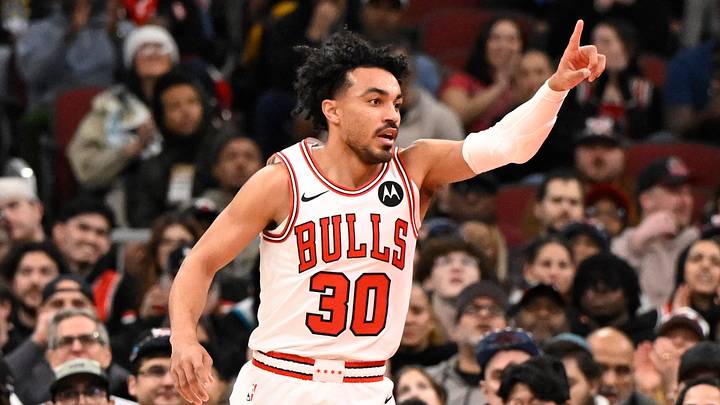 Feb 24, 2026; Chicago, Illinois, USA;  Chicago Bulls guard Tre Jones (30) points after scoring against the Charlotte Hornets during the first half at United Center. Mandatory Credit: Matt Marton-Imagn Images