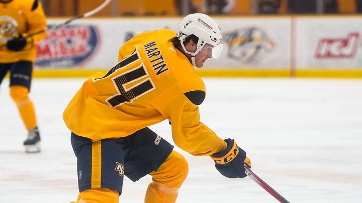 Gold team forward Brady Martin (44) skates with the puck during the Future Stars Game at the Ford Ice Center Bellevue in Nashville, Tenn., Saturday, July 5, 2025.