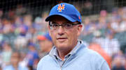 Aug 14, 2025; New York City, New York, USA; New York Mets owner Steve Cohen stands on the field before a ceremony to honor first baseman Pete Alonso (not pictured) for breaking the Mets all time home run record before a game against the Atlanta Braves at Citi Field. Mandatory Credit: Brad Penner-Imagn Images