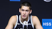 Sep 23, 2025; Brooklyn, NY, USA;  Brooklyn Nets guard Egor Demin (8) speaks at Media Day. Mandatory Credit: Wendell Cruz-Imagn Images