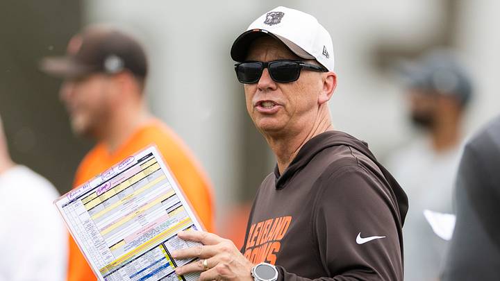 Cleveland Browns head coach Todd Monken reacts to a play during mandatory mini camp at Cross Country Mortgage Campus.