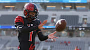 San Diego State Aztecs cornerback Chris Johnson (1) warms up before the game against the Hawaii Rainbow Warriors at Snapdragon Stadium. 