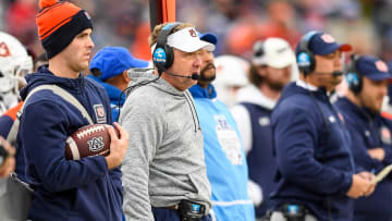 Dec 30, 2023; Nashville, TN, USA;  Auburn Tigers head coach Hugh Freeze watches against the Maryland Terrapins during the first half at Nissan Stadium. Mandatory Credit: Steve Roberts-USA TODAY Sports