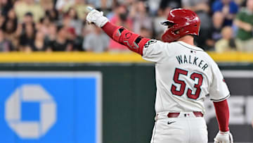 Sep 25, 2024; Phoenix, Arizona, USA; Arizona Diamondbacks first base Christian Walker (53) celebrates a double in the second inning against the San Francisco Giants at Chase Field. Mandatory Credit: Matt Kartozian-Imagn Images