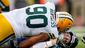 Tennessee Titans quarterback Will Levis (8) is sacked by Green Bay Packers defensive end Lukas Van Ness (90) during the second quarter at Nissan Stadium in Nashville, Tenn., Sunday, Sept. 22, 2024.