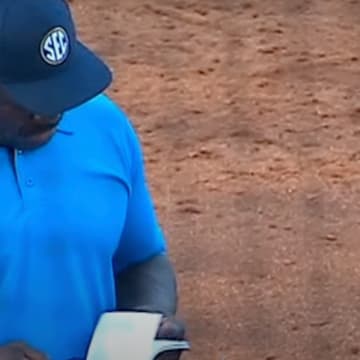 An umpire consults a rule book during the Florida-Arkansas softball game on Saturday.