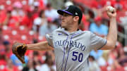 Jun 9, 2024; St. Louis, Missouri, USA; Colorado Rockies pitcher Ty Blach (50) pitches against the St. Louis Cardinals in the first inning at Busch Stadium. Mandatory Credit: Tim Vizer-USA TODAY Sports