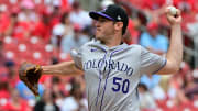 Jun 9, 2024; St. Louis, Missouri, USA; Colorado Rockies pitcher Ty Blach (50) pitches against the St. Louis Cardinals in the first inning at Busch Stadium. Mandatory Credit: Tim Vizer-USA TODAY Sports