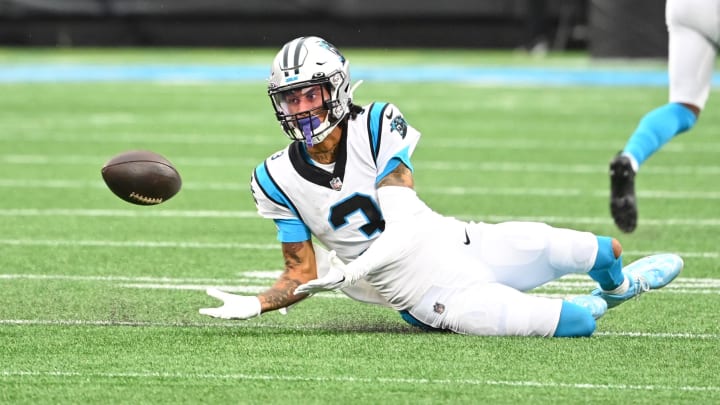 Oct 2, 2022; Charlotte, North Carolina, USA; Carolina Panthers wide receiver Robbie Anderson (3) attempts to catch the ball in the third quarter at Bank of America Stadium.