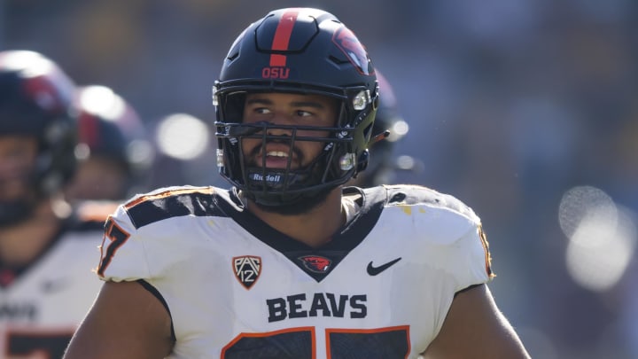 Nov 19, 2022; Tempe, Arizona, USA; Oregon State Beavers offensive lineman Joshua Gray (67) against the Arizona State Sun Devils at Sun Devil Stadium. Mandatory Credit: Mark J. Rebilas-USA TODAY Sports