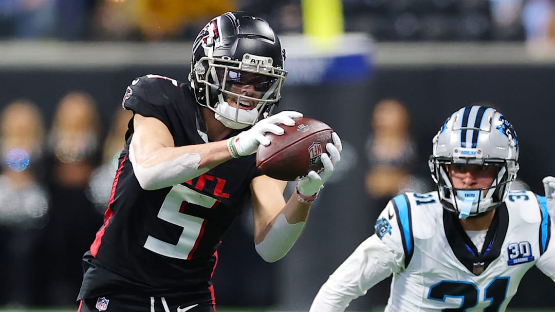 Drake London makes one of his 10 receptions against the Carolina Panthers, January 5, 2025 