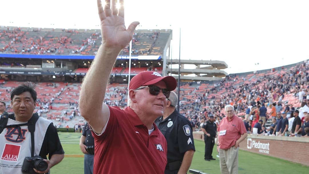 Sep 21, 2024; Auburn, Alabama, USA;  Arkansas Razorbacks offensive coordinator Bobby Petrino waves to fans after the Razorbacks beat the Auburn Tigers at Jordan-Hare Stadium. Mandatory Credit: John Reed-Imagn Images