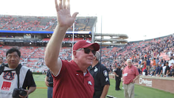 Sep 21, 2024; Auburn, Alabama, USA;  Arkansas Razorbacks offensive coordinator Bobby Petrino waves to fans after the Razorbacks beat the Auburn Tigers at Jordan-Hare Stadium. Mandatory Credit: John Reed-Imagn Images